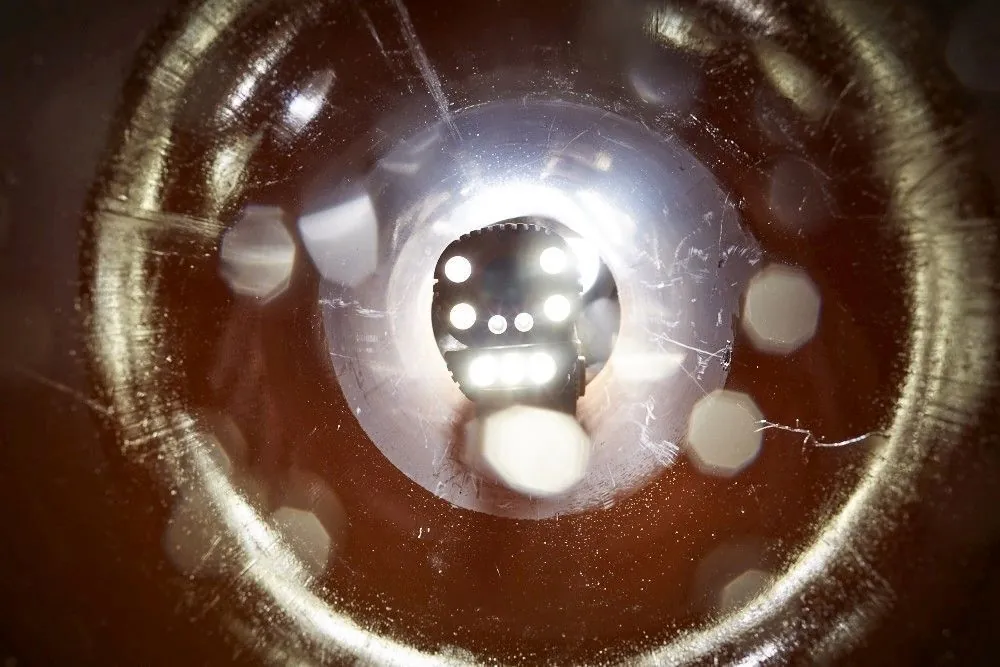 Sewer inspection camera inside a pipe
