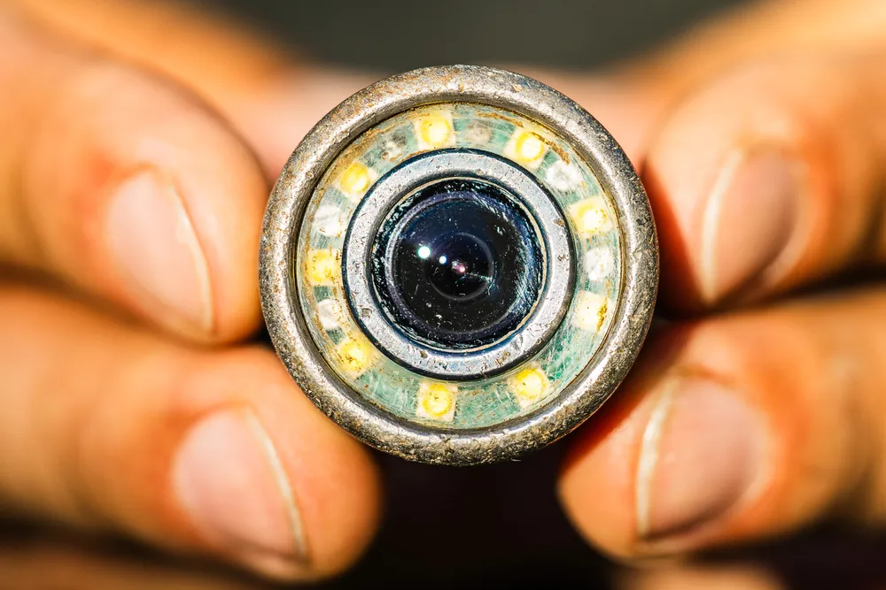 Sewer inspection camera head held in two hands